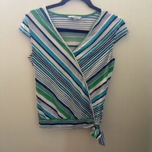 Striped Wrap Blouse in Blue, Green & White - Casual Women's Top